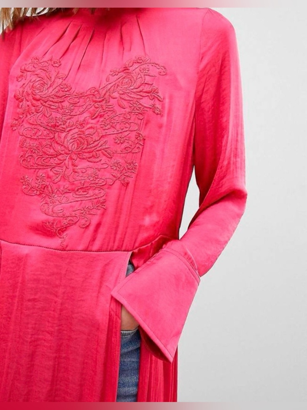 Free People Midi Dress Embroidered Long Sleeve Mock Neck Pink Size M - Picture 3 of 13